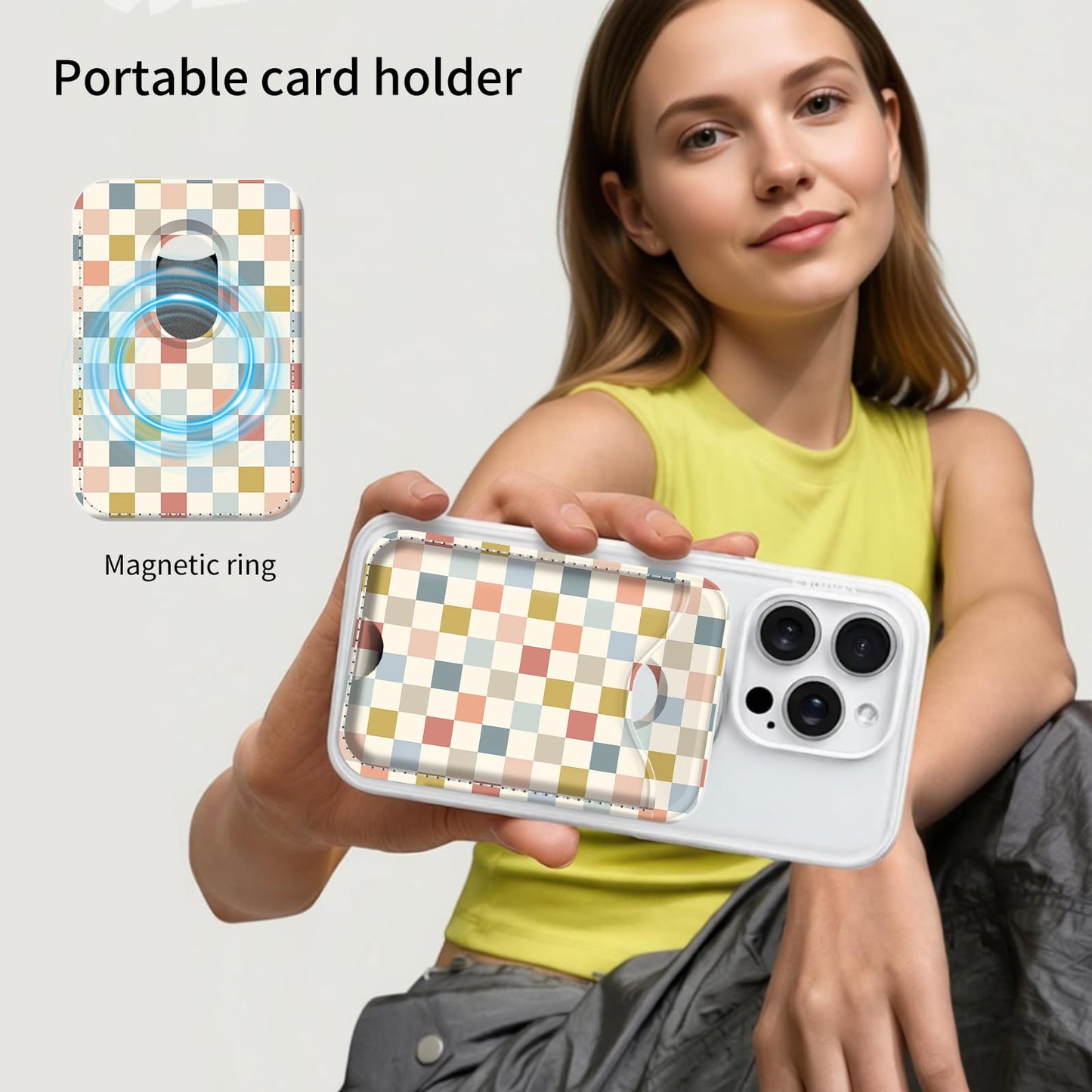 FGHFGO Compatible with Magsafe Wallet Magnetic Phone Card Holder for Phone Case, Cute Leather Stronger Magnetic RFID Phone Wallet for Women Men