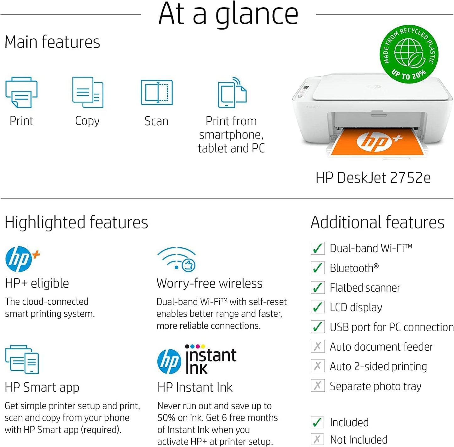 HP DeskJet 2752e Wireless All-in-One Instant Ink Ready Color Inkjet Printer, White - Print Scan Copy - Icon LCD Display, 1200 x 1200 dpi, WiFi