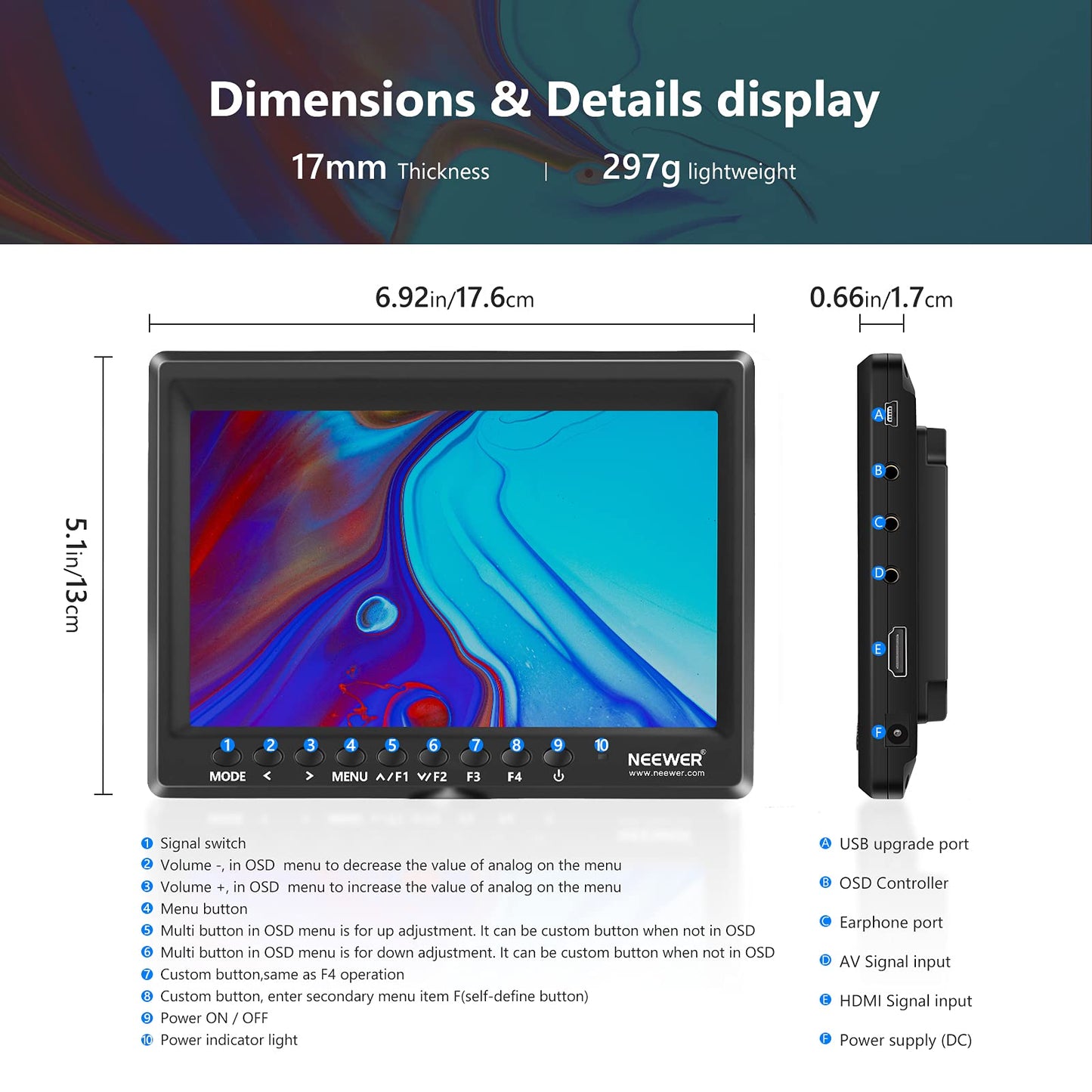 Neewer F100 7inch Camera Field Monitor HD Video Assist IPS 1280x800 HDMI Input 1080p with Sunshade and Ball Head for DSLR Cameras, Handheld