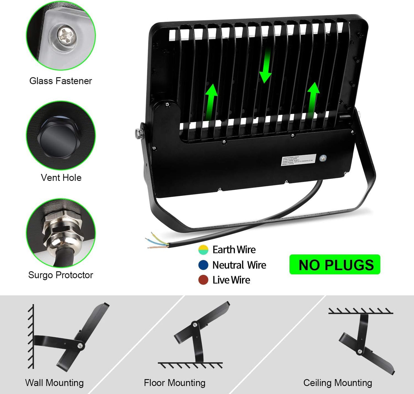 ledmo 240W Outdoor LED Flood Light, 36000 Lumens Large Area Stadium Lighting, 5000K Daylight Die-Cast Aluminum Security Light for Backyard Warehouse