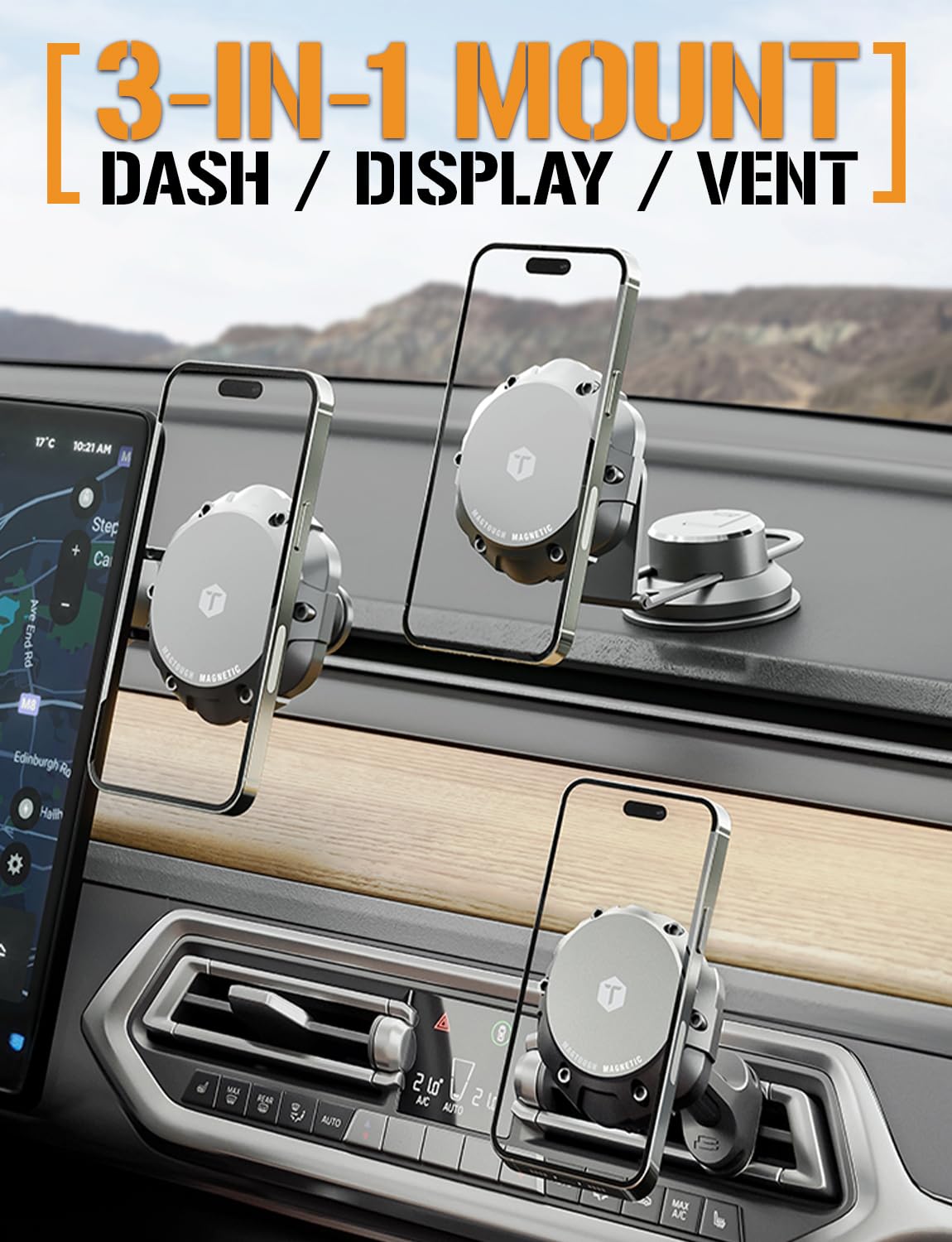 ToughTested MagTough 3-in-1 MagSafe Car Mount - Heavy Duty Magnetic Phone Holder for Truck, Dashboard, Windshield & Vent - 360 Rotation Foldable