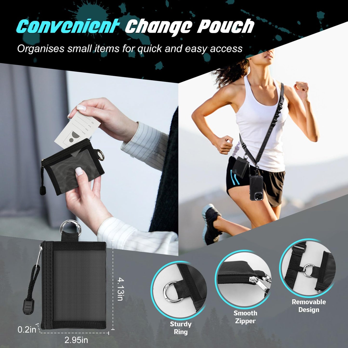 TiMOVO Clip and Go Phone Strap with Wallet, Phone Lanyard Crossbody with Zippered Pouch Adjustable Strap for Phones, Black