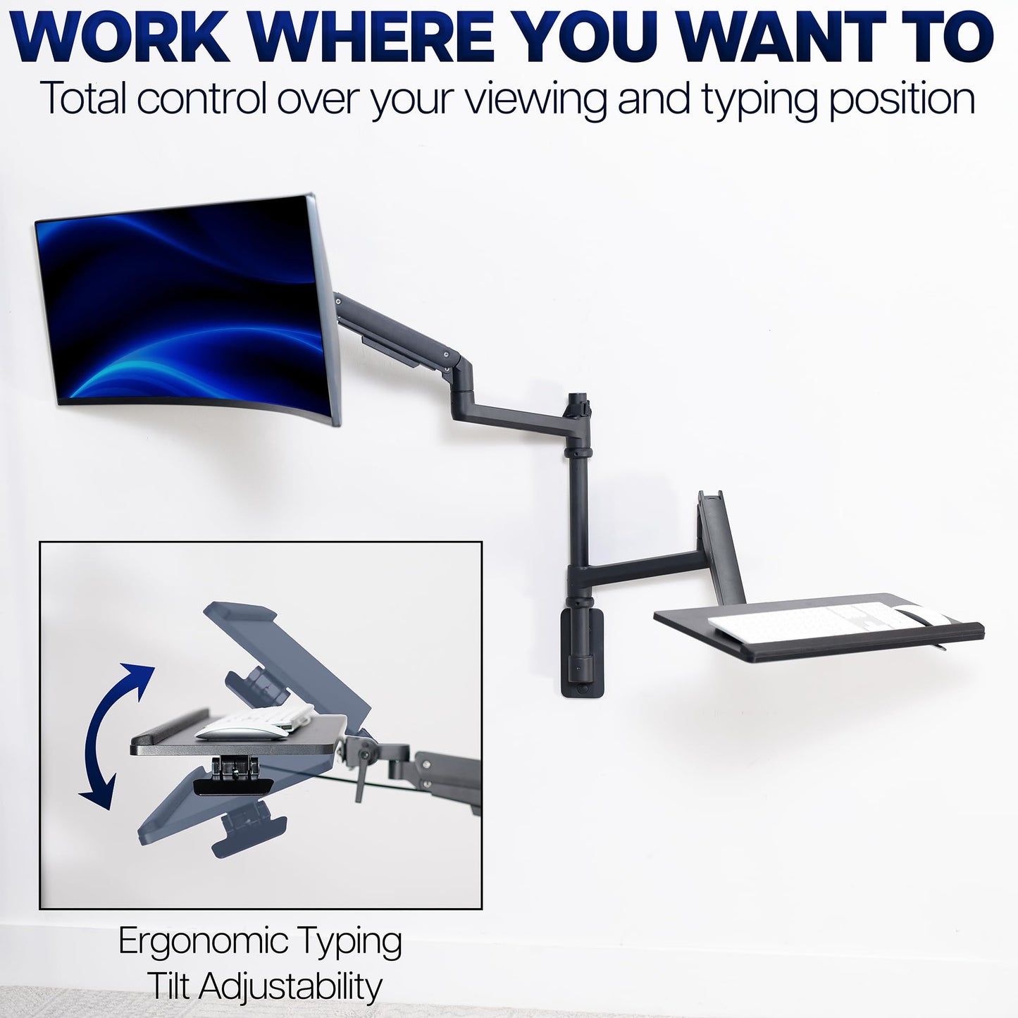 VIVO Sit-Stand Heavy Duty Ultrawide Monitor Wall Mount for Screens up to 49 inches with Height Adjustable Keyboard and Mouse Tray, Pneumatic Arm