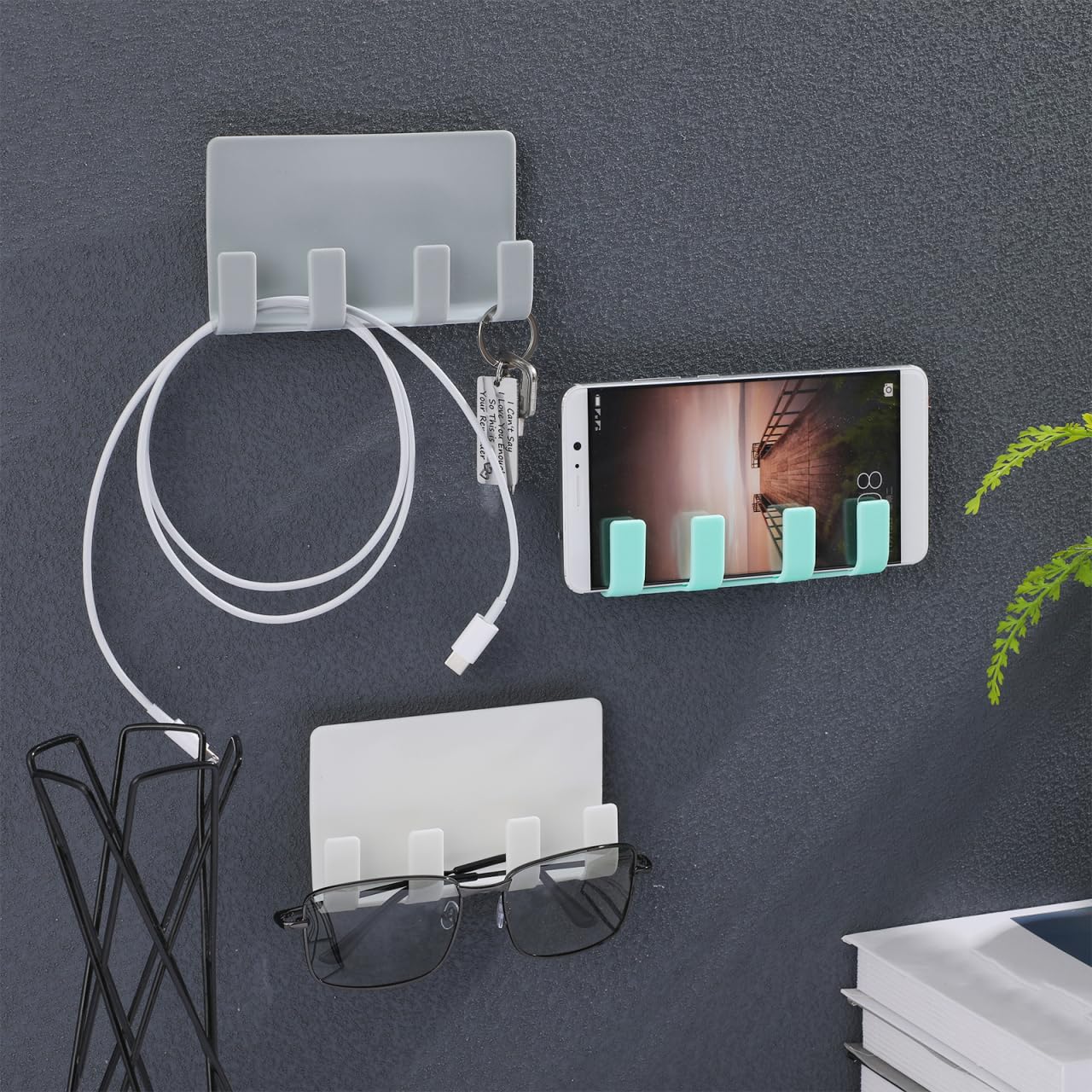 Cell Phone Wall Mount, 3 Pack Multi Purpose Plastic Phone Charging Dock Holder Shaving Razor Towel Hook Bracket for Smartphone Tablet eReader (Mixed