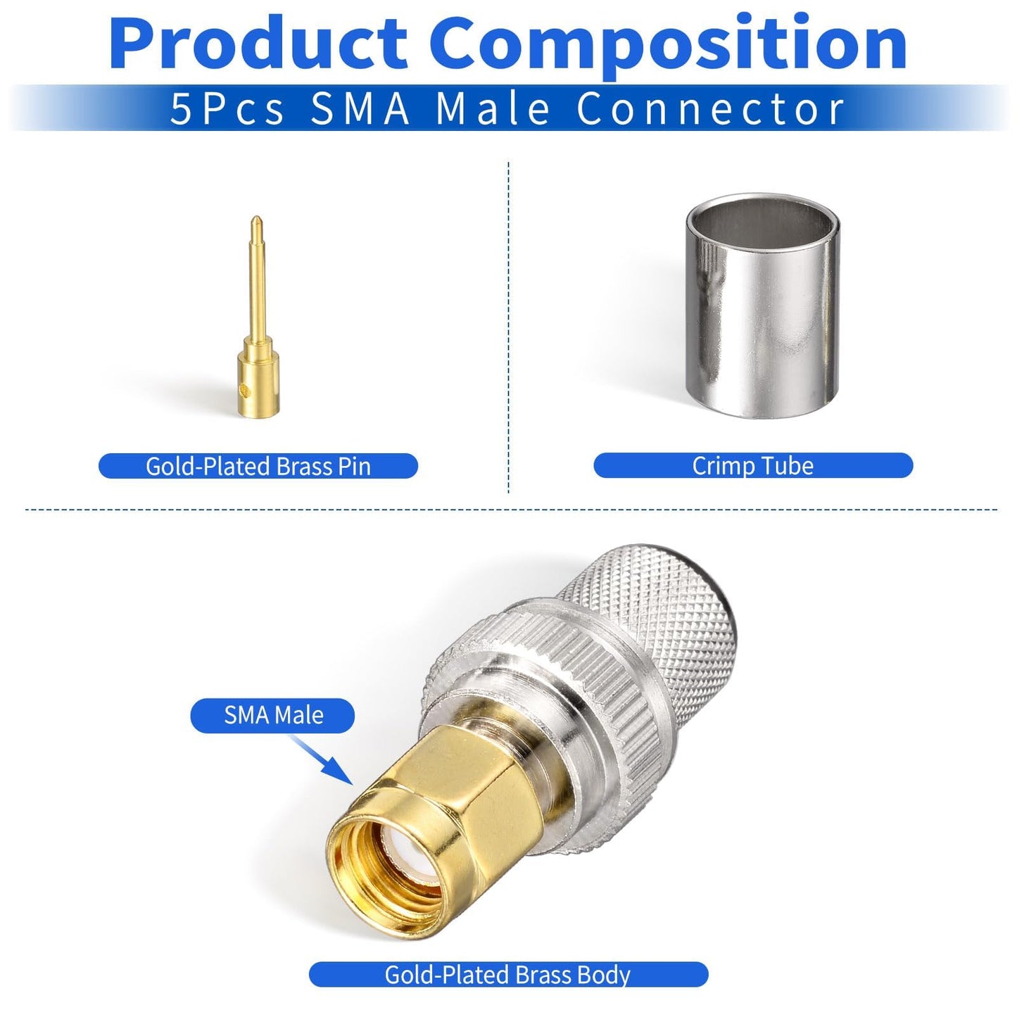 Superbat SMA Connectors Kit SMA Male Crimp Solder Connector Kit Attachment for LMR-400 RG8 RG8/U RG213 Belden-9913 SMA Extension Cable 5-Pack