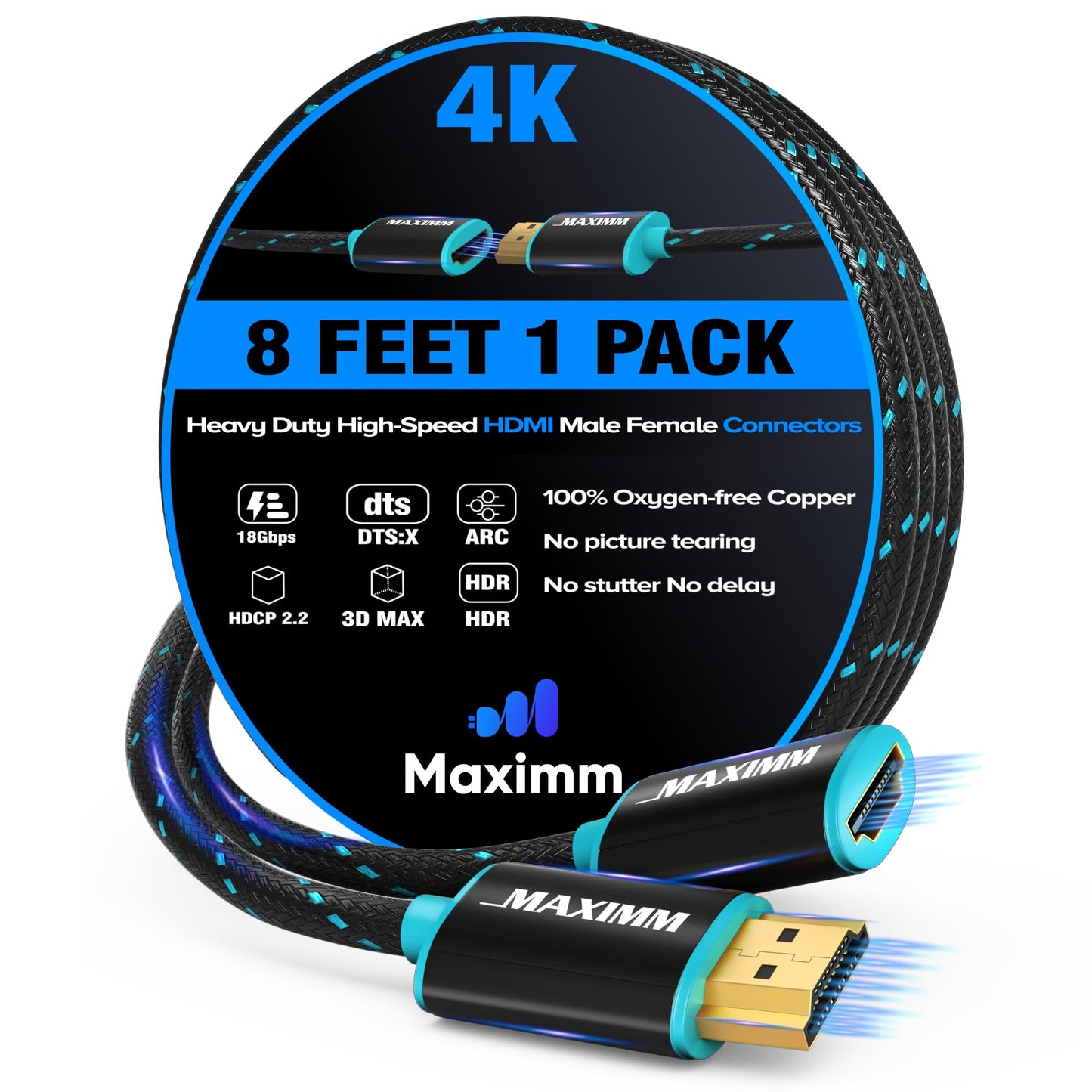 Maximm 4k Hdmi Cable 8ft, Hdmi Extender Cable Male to Female Hdmi Cord, Hdmi 2.0 Cable 120Hz Short Hdmi Cable (8ft)