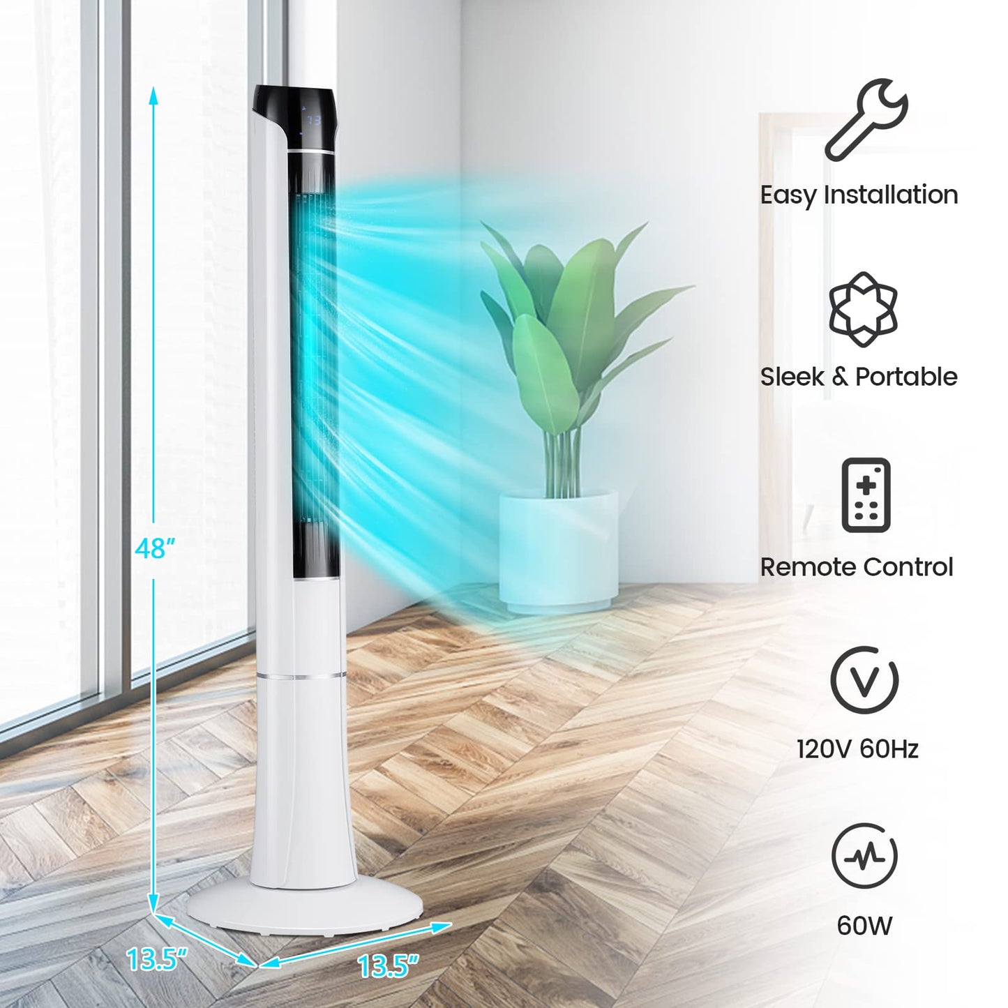 Tangkula 48-Inch Tower Fan with Remote Control, Quiet Bladeless Tower Fan w/ 3 Speeds, 3 Modes, 1-15H Timer & LED Display, 80° Oscillating Floor