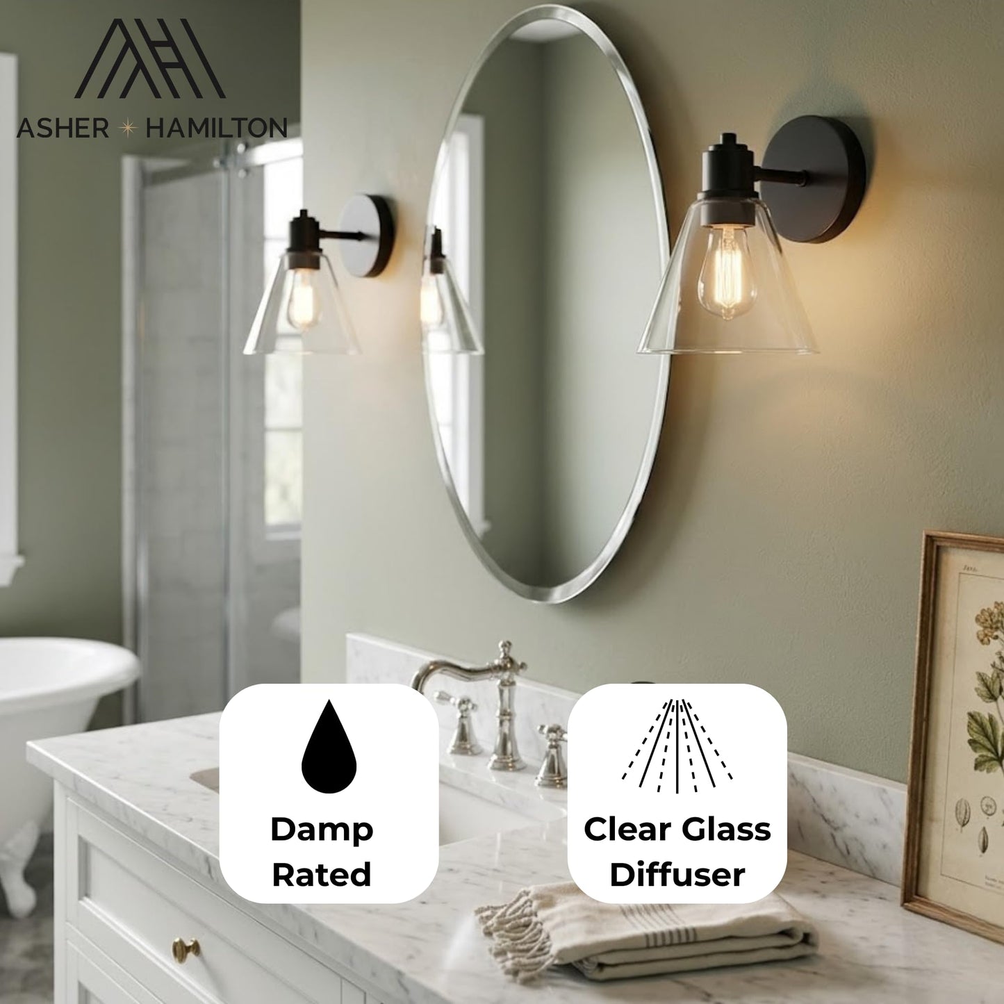 Asher Hamilton AHW-203BKCL 1 Light Boden Wall Sconce | One E26 Medium Base Bulb Required Sold Separately | 60 Watt Max | Damp Rated for Interior Use |