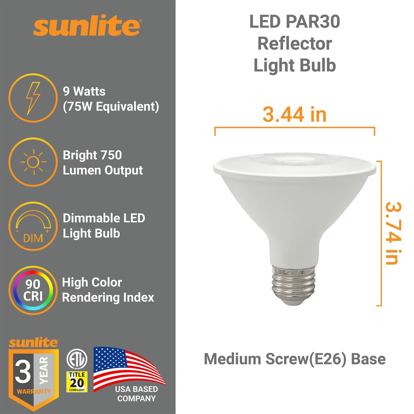 Sunlite 41806 LED PAR30 Reflector Light Bulb, 9 Watts (75W=), 750 Lumens, Medium E26 Base, 90 CRI, Dimmable, Floodlight, Energy Star, Title-20