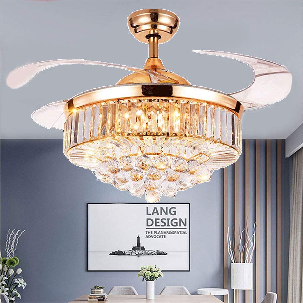 HNDDS Lighting 42" Crystal Ceiling Fan Chandelier with Remote,Retractable Blade Ceiling Fan with Lights,Modern LED Fandelier with Fixture Kits 3-Color