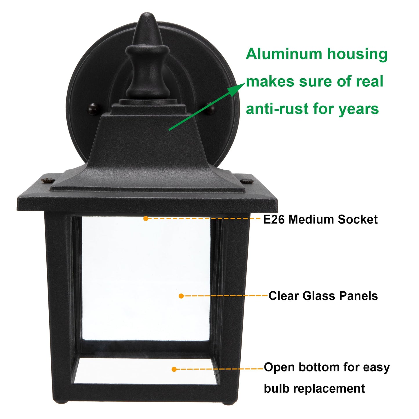 LIT-PaTH Outdoor Wall Lantern, Wall Sconce as Porch Lighting Fixture, E26 Medium Base 60W Max., Aluminum Housing Plus Glass, Bulbs NOT Included, Matte