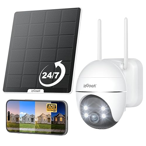 ieGeek Solar Security Cameras Wireless Outdoor, WiFi Surveillance Camera with Solar Panel & 9000mAh Battery, 24/7 Recording, 360° Panoramic View, Auto