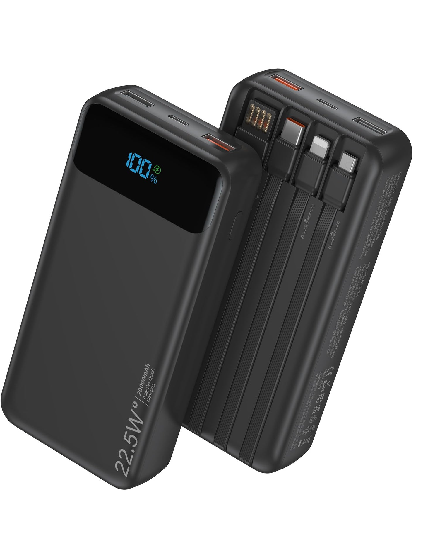 Nusyddy Portable Charger 20000mAh 22.5W w/4 Built-in Cables/6 Outputs Black