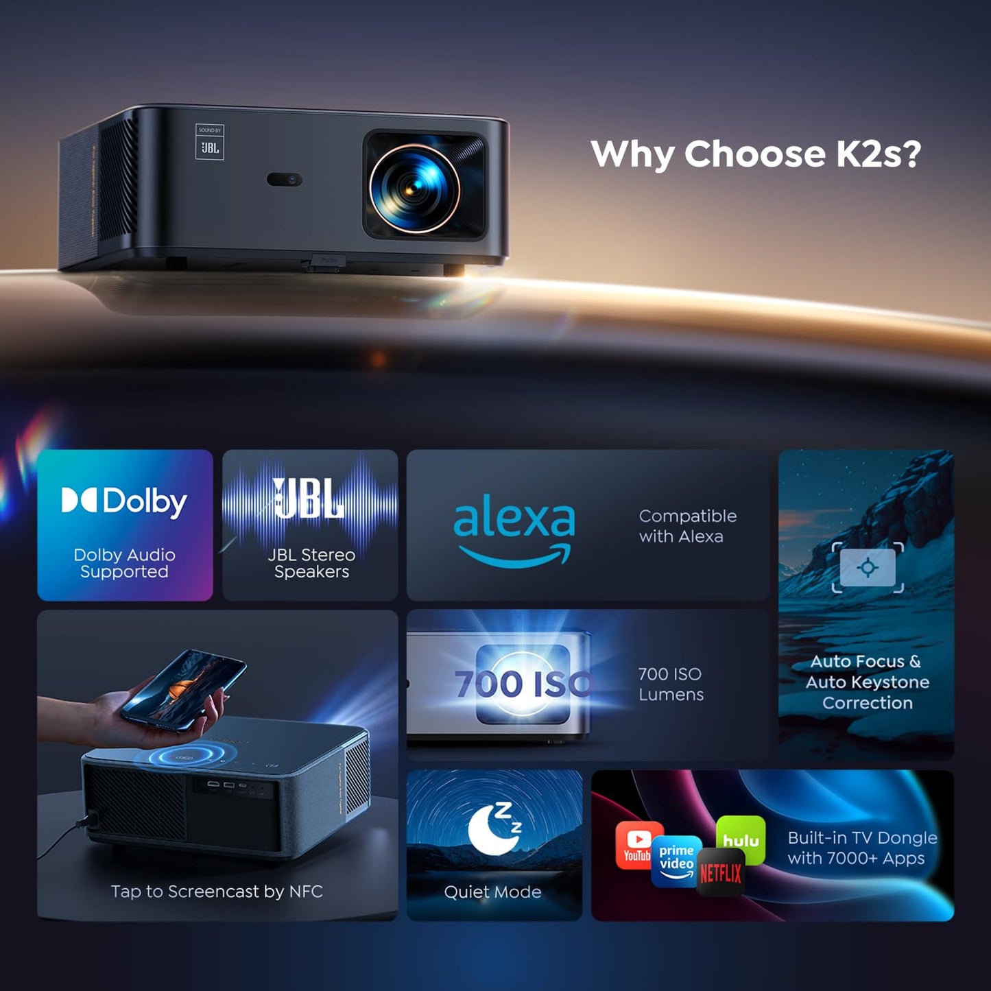 Projector 4K with Google TV, YABER K2s WiFi 6 Bluetooth Projector, Sound by JBL, Dolby Audio, Auto Focus & Keystone,Native 1080P 4K Supported Outdoor