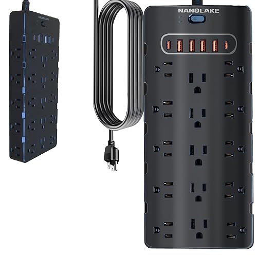 Nanolake 20 Amp Power Strip Surge Protector,Heavy Duty 12 Gauge 6.5 ft Cord/25 AC Outlets/4 USB A/2USB C/4000 Joules Surge