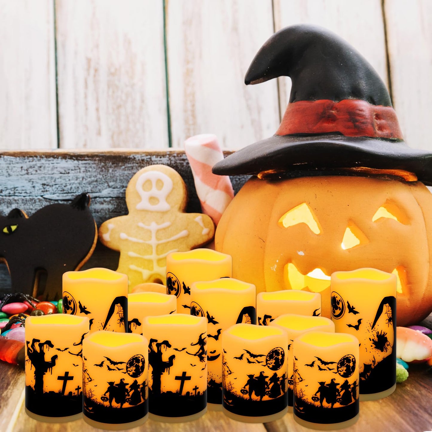 CLTNIKET 12-Pack Halloween Ink Painting Large Electronic Waxes with Remote Control, Flameless LED Candles for Halloween Spooky, Halloween Ambient