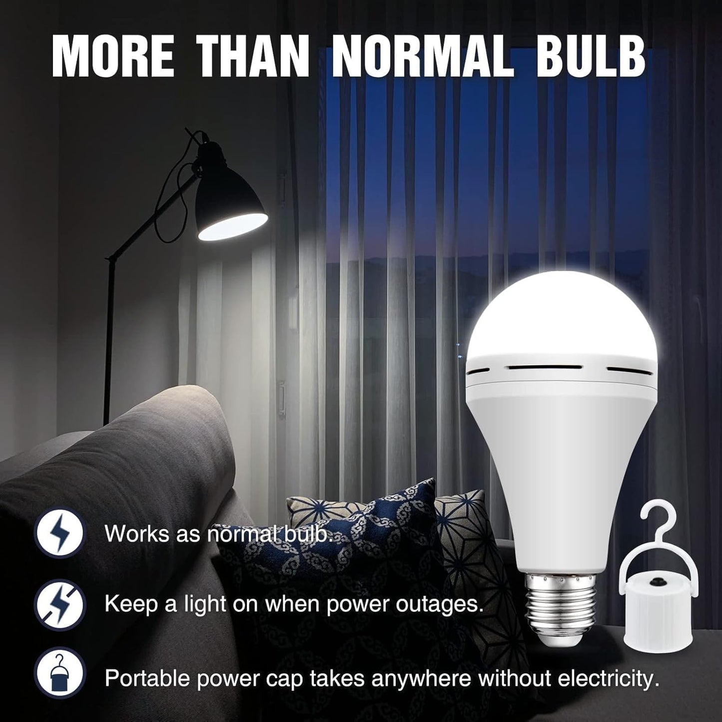 Neporal 4 Pack Emergency-Rechargeable-Light-Bulb, Stay Lights Up When Power Failure, 1500mAh 15W 80W Equivalent LED Light Bulbs for Home, Camping
