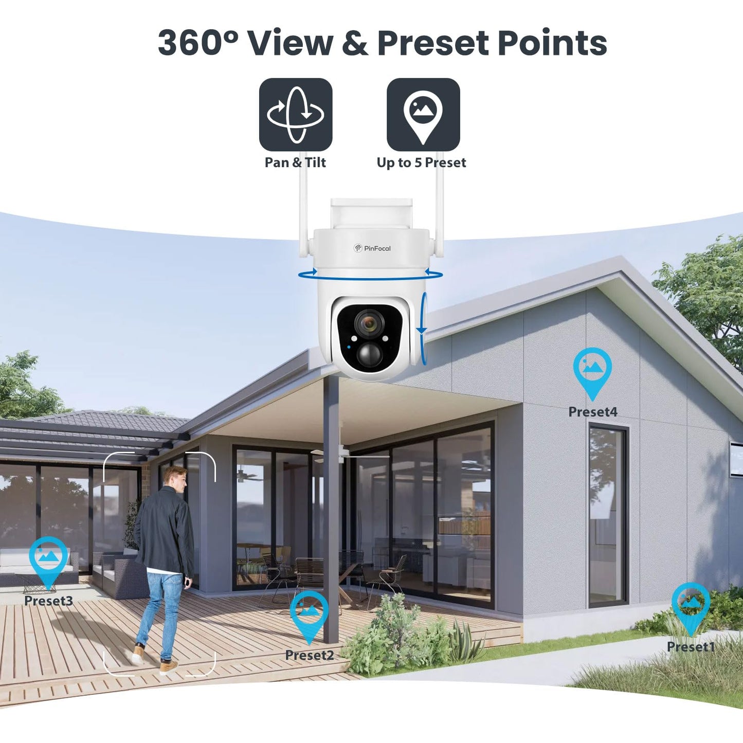 PinFocal 2K Solar Security Camera Wireless Outdoor, 360° View Pan/Tilt Battery Camera for Home Security, Color Night Vision, Spotlight, 2-Way Audio