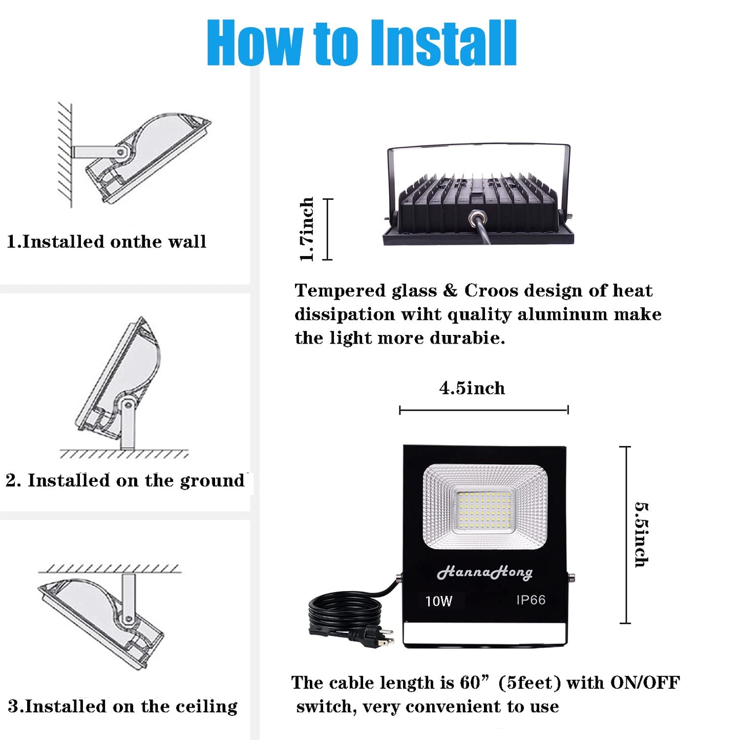 HANNAHONG 10W 2 Pack LED Flood Light with ON/Off Switch Plug in,Cool White,Security/Work/Plant Grow,IP66 Waterproof,Reflector Spot-Light