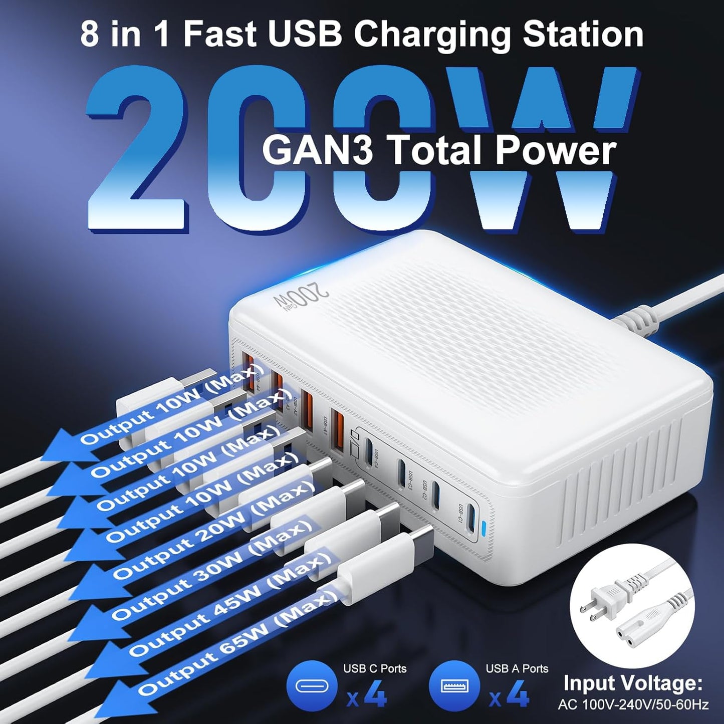 USB C Charger Block Charging Station-200W Fast GaN 8-Port Multiple Devices USB Charging Hub,65W Laptop Power Adapter Charger Compatible Apple iPhone