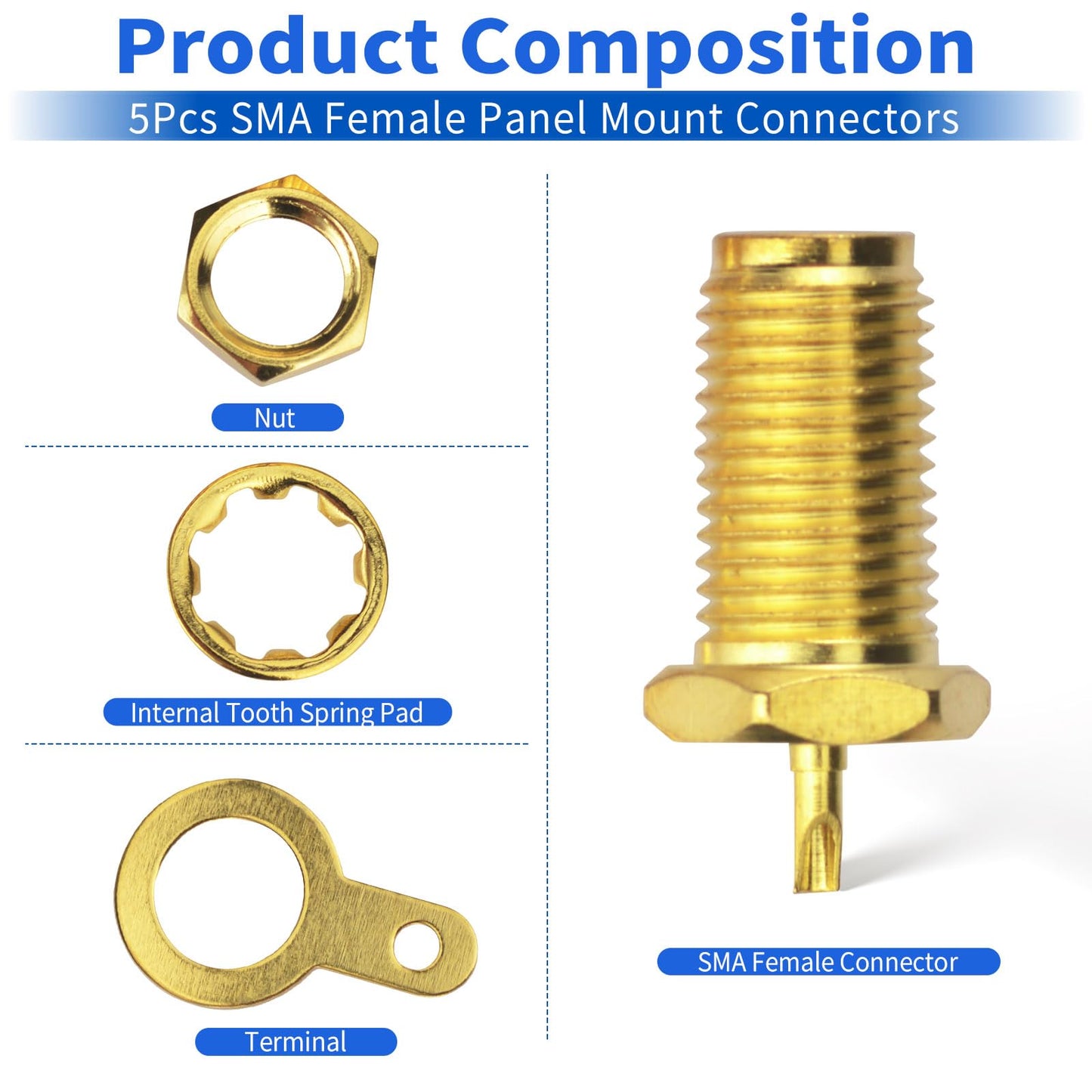 wlaniot SMA Female Connector SMA Coaxial Panel Mount Connector with Bulkhead Nut and Solder Cup Terminal 5pcs