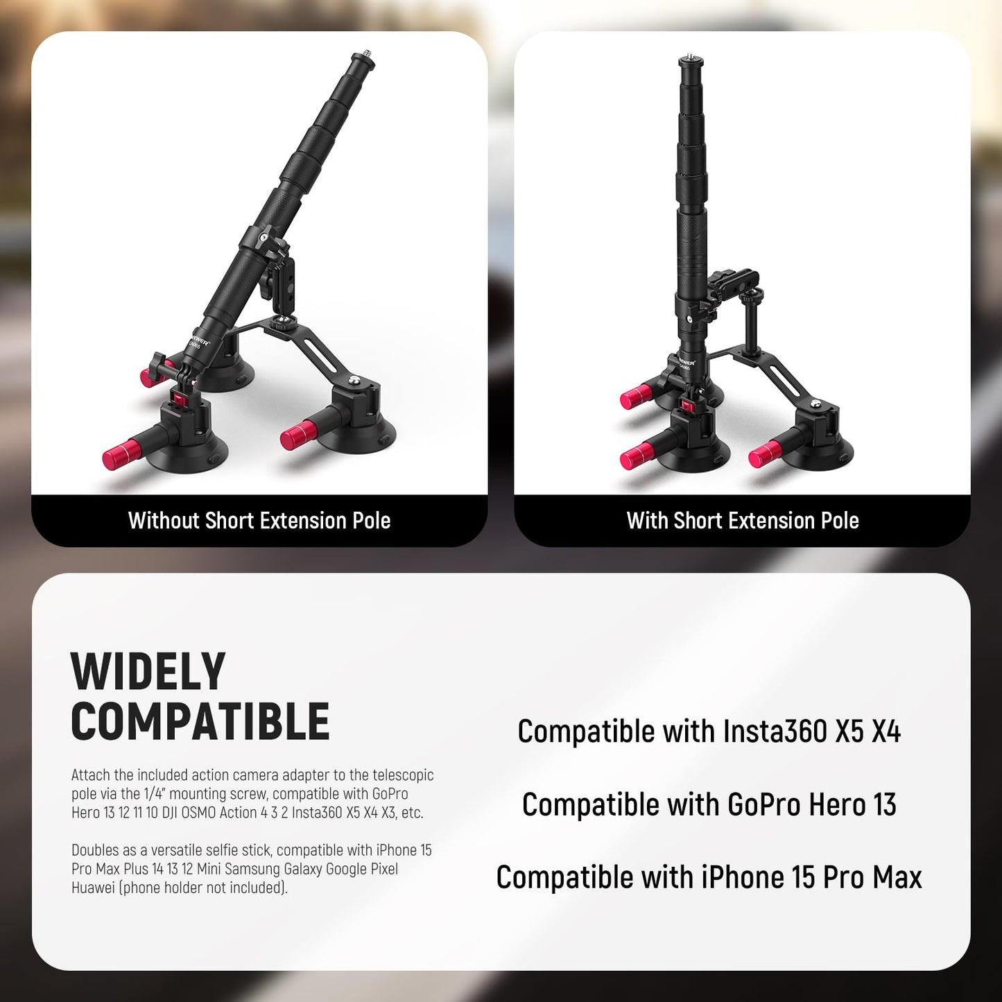 NEEWER Triple Suction Cup Car Mount Compatible with Insta360 X5 X4 GoPro DJI OSMO 360 Cameras, Quick Release Outside Windshield Magic Arm Mount Kit