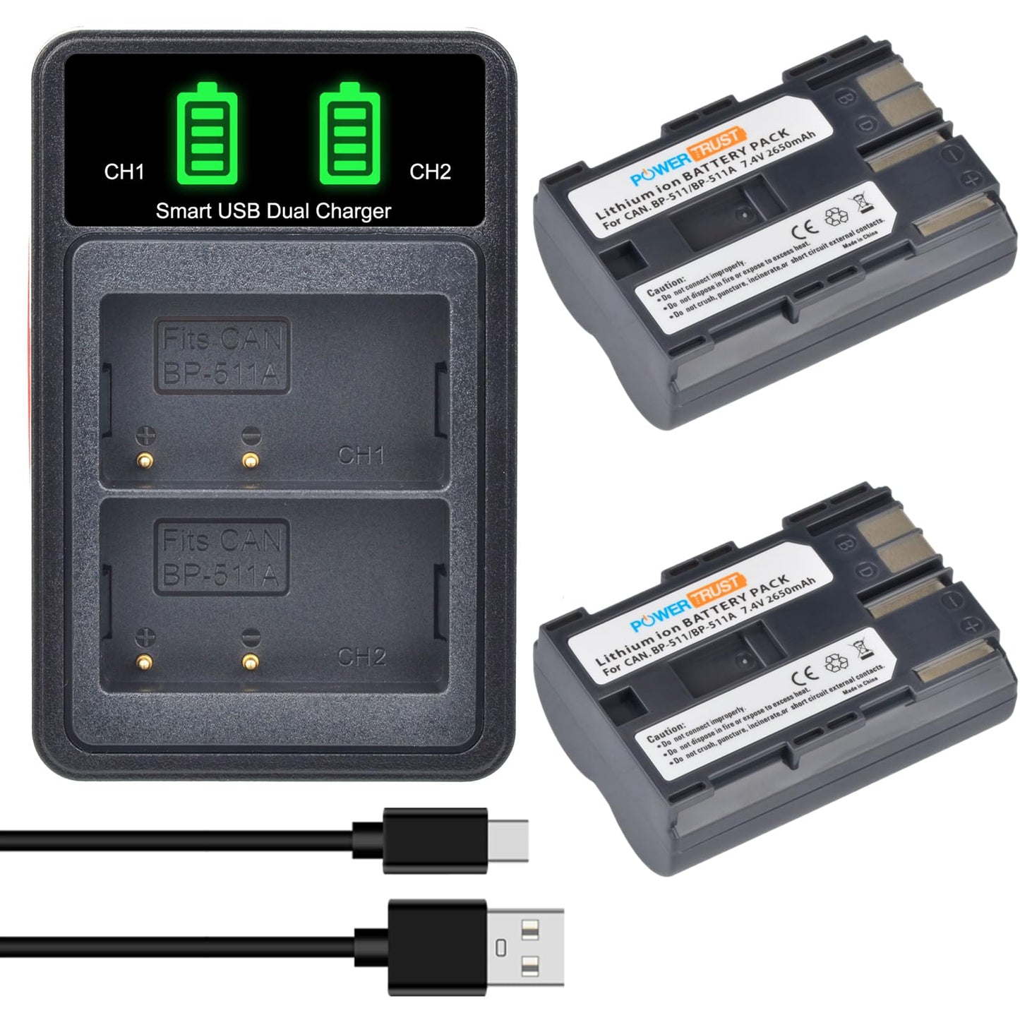PowerTrust 2-Pack BP-511 BP511A Battery and LCD USB Dual Charger for Canon EOS 40D 300D 5D 20D 30D 50D