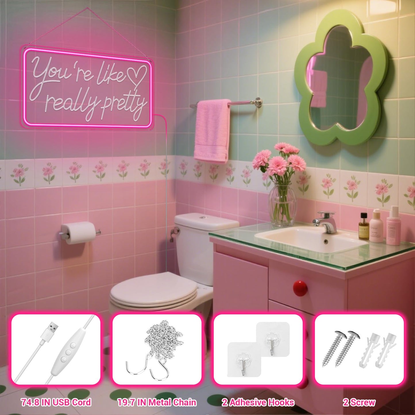 You're Like Really Pretty Neon Sign for Wall Decor, Pink Aesthetic LED Neon Sign Light for Teen Girls Room Decor, Bedroom, Salon, Wedding Party (Pink)