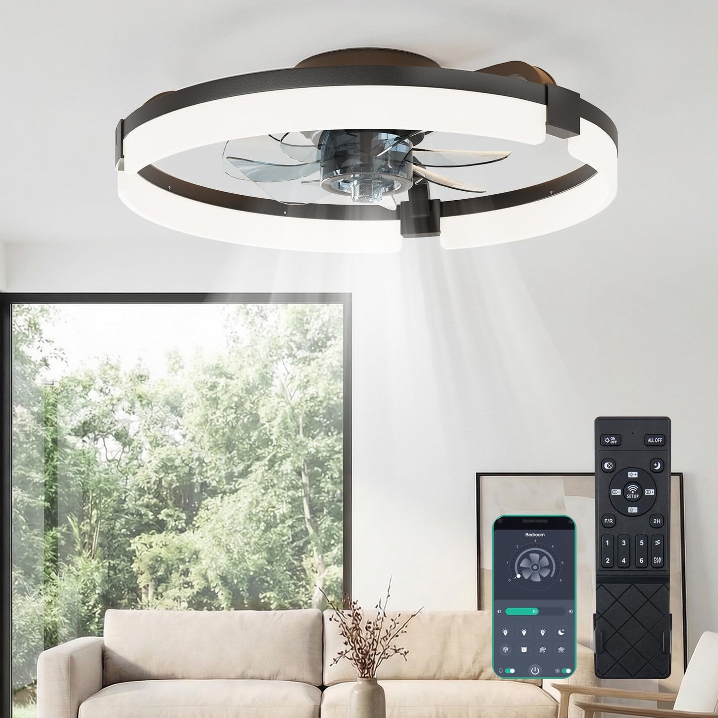 NEWBULIG Ceiling Fans with Lights and Remote & App Control, 19.7 Inch Ceiling Fan, 3000K-6500K Dimmable LED Low Profile Fandelier with 6 Wind Speeds