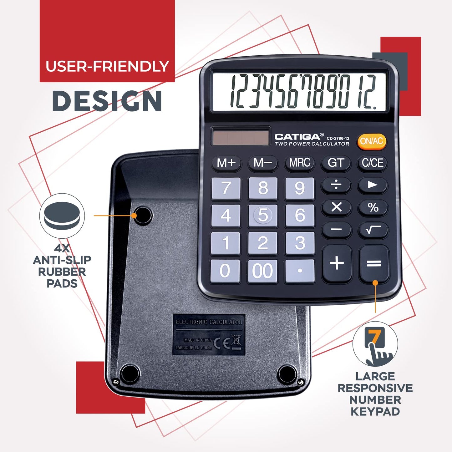 CATIGA 12 Digit Desk Calculator, Desktop Calculators with Large LCD Display & Big Buttons, Dual Power Solar & Battery, Standard Basic 4 Function