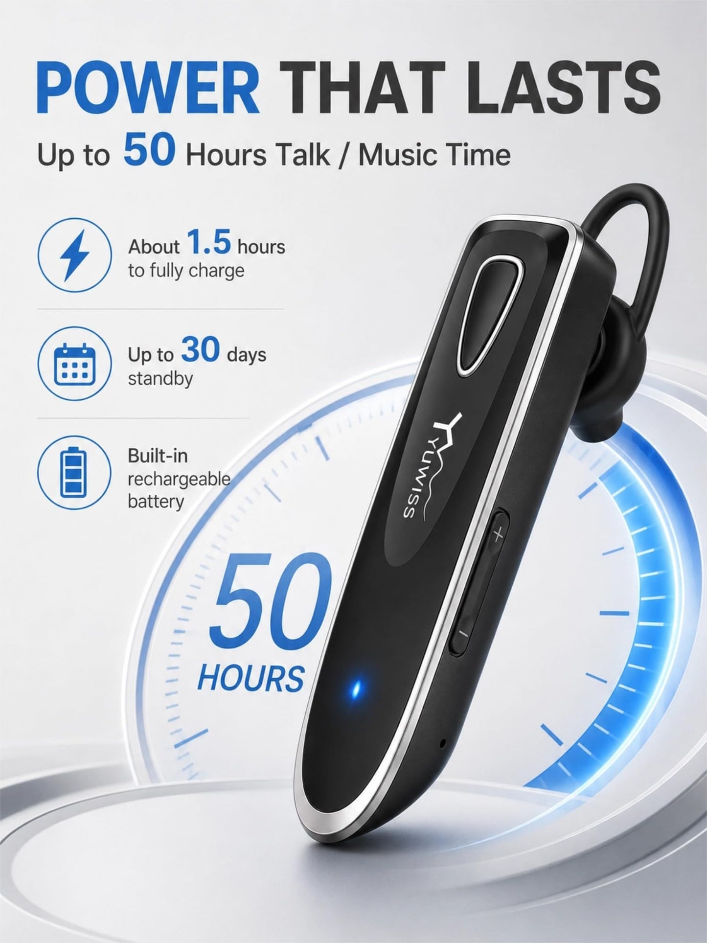 YW YUWISS Bluetooth Earpiece for Cell Phone with Mic Wireless in Ear Earbud Headphones Car Headset with 50 Hours Noise Canceling Hands Free Calling