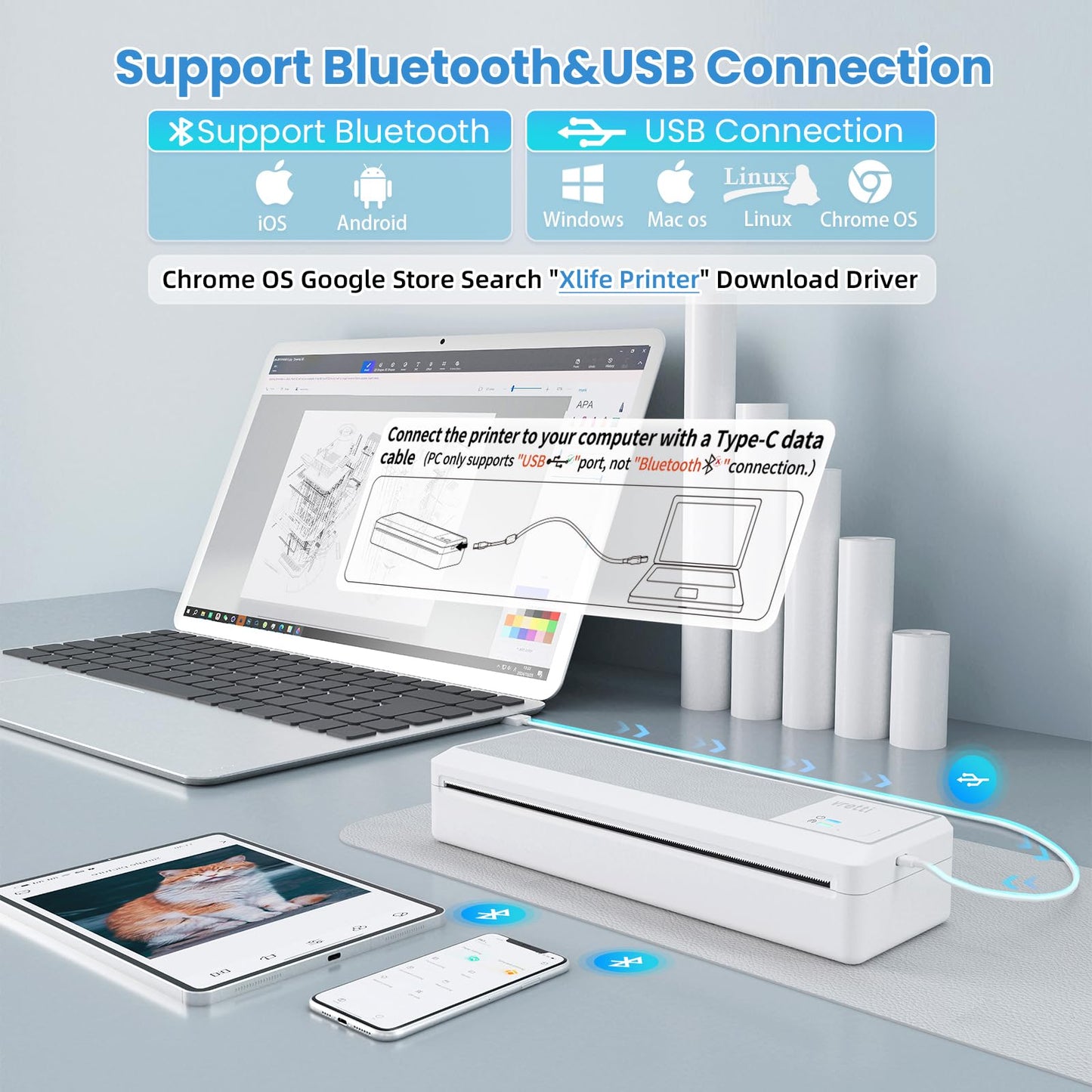 vretti P83 Portable Printers Wireless for Travel, A4 Portable Thermal Printer, Mobile Inkless Printer Compatible with Phone & Laptop, Supports 8.5 x