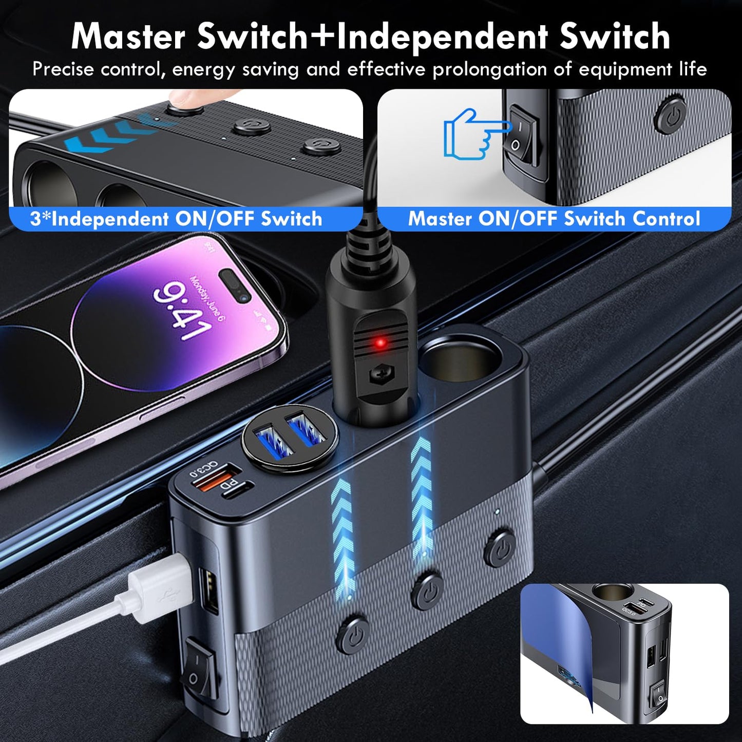 EVKIFEY 127W Cigarette Lighter Splitter Adapter 3 Socket 12V/24V Car Charger USB QC 3.0 /PD Dual USB Ports,LED Voltage Display, Independent