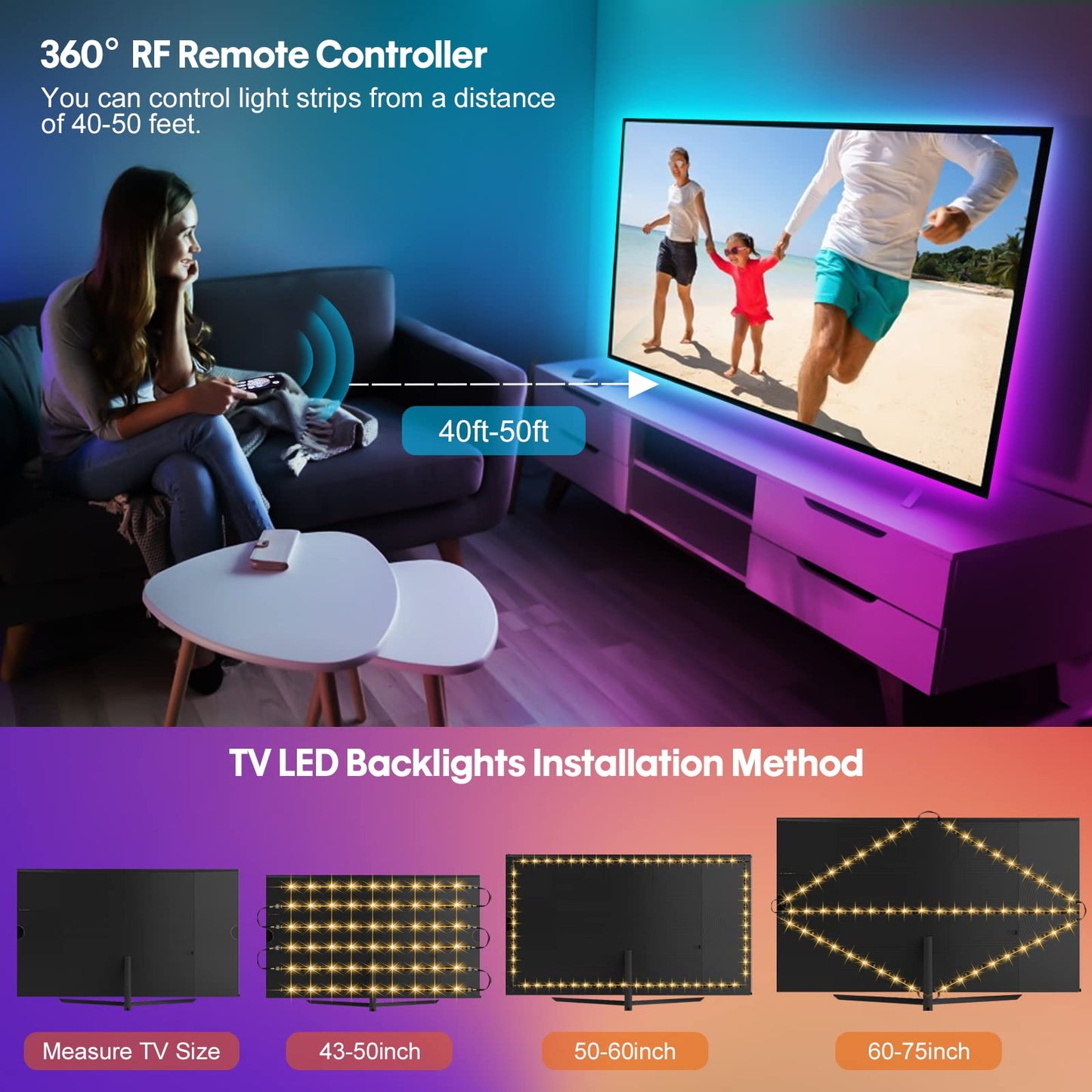 LED Strip Lights 10ft, 6 Pre-cut 1.64ft RGB LED Lights for 43-65 Inch TV, App Control TV LED Backlight with Remote, Music Sync USB Bias Lighting LED