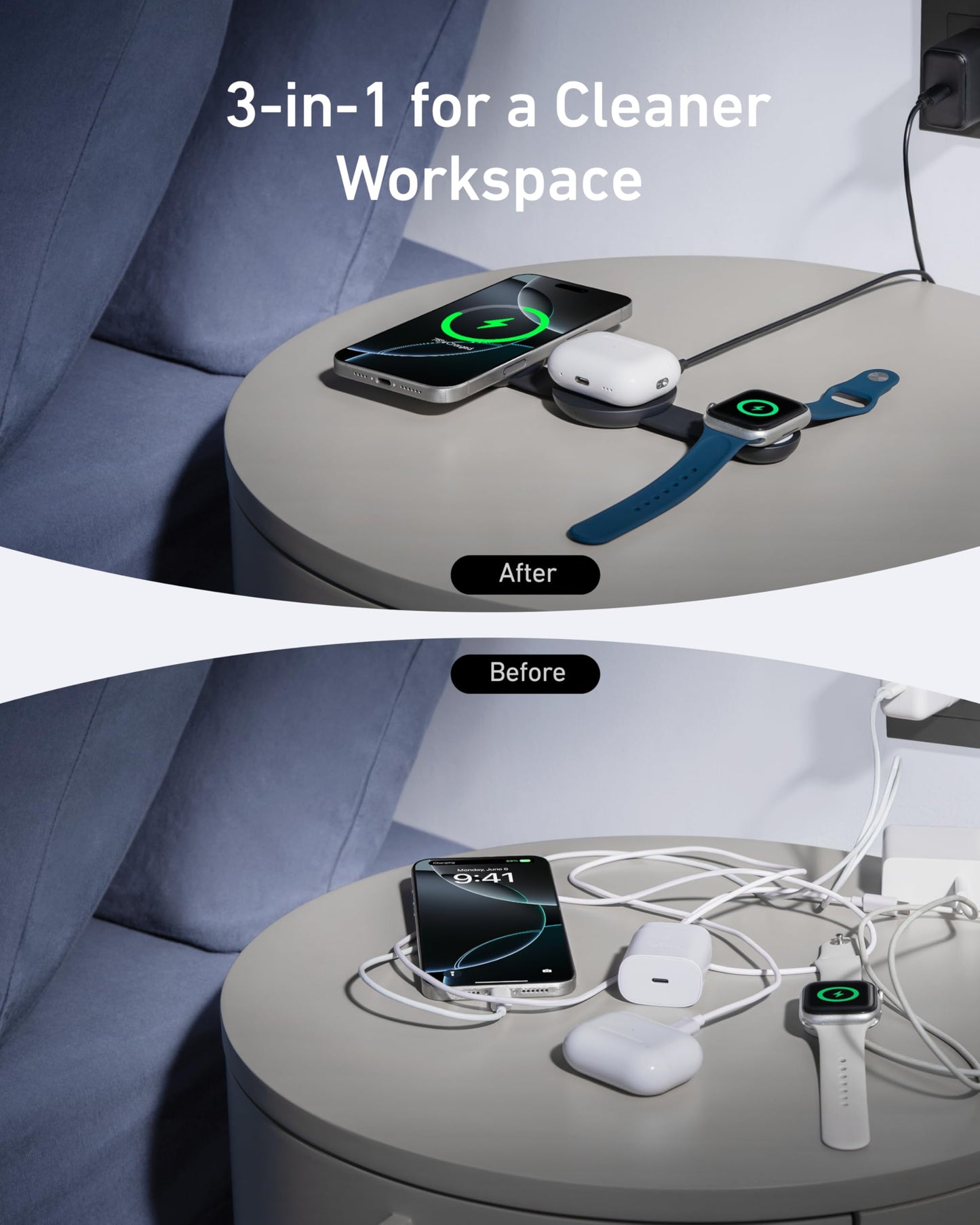 Anker MagSafe Compatible MagGo UFO 3-in-1 Charger, iPhone 17 Wireless Charging Station, 15W Qi2 Certified, Foldable Travel Charging Pad, for iPhone