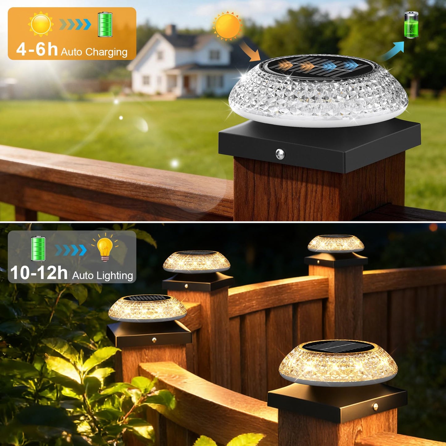Hiromeco 4x4 Solar Post Cap Lights 12 Pack: Fence Post Solar Lights with 3 Lighting Modes & Round Lampshade - Waterproof Outdoor Deck Post Light