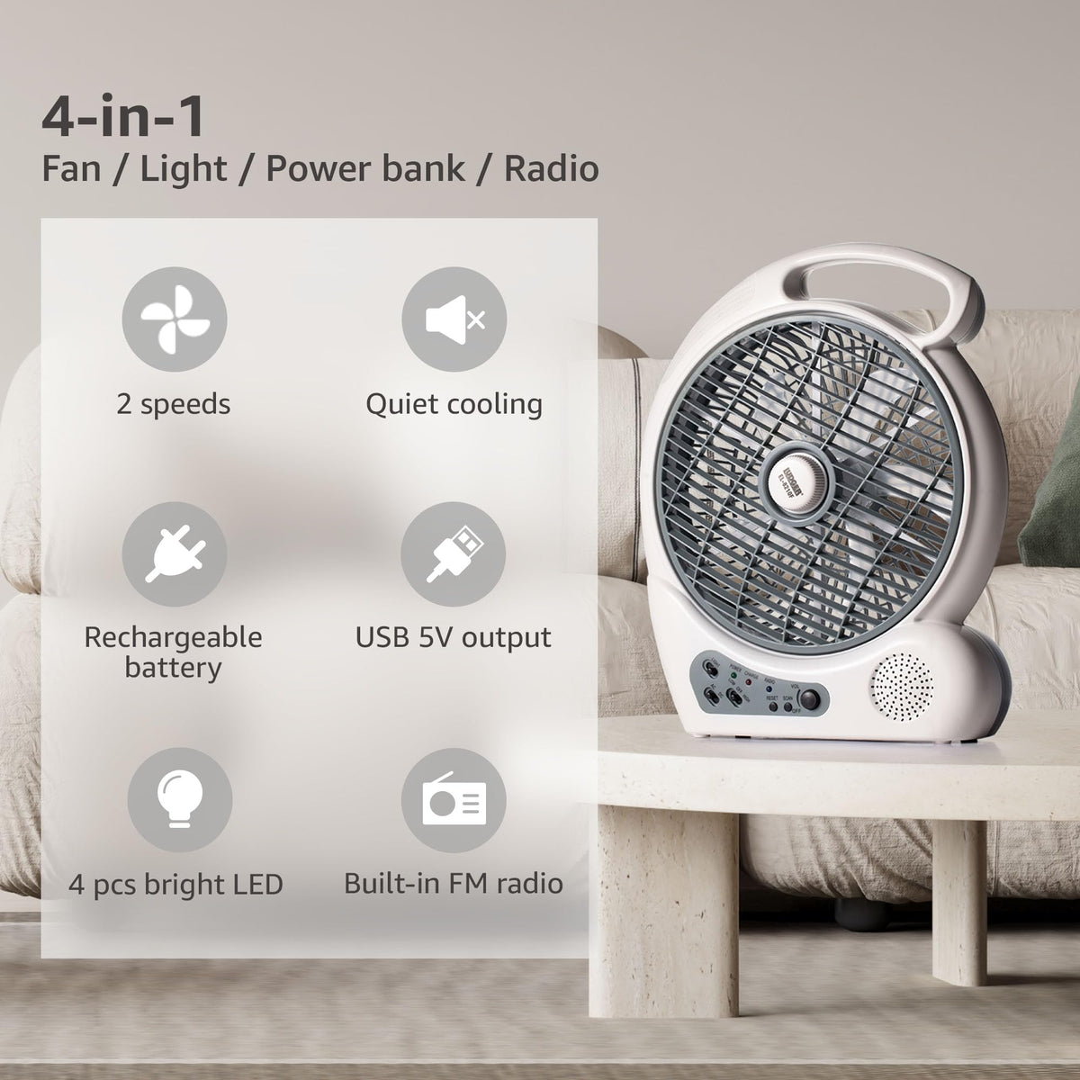 LUDGER 10" Rechargeable Fan with LED and FM Radio (EL-8210F), Portable, Long Battery life, 2 Speeds, USB Charge, AM/FM Radio, Rotatable Grill