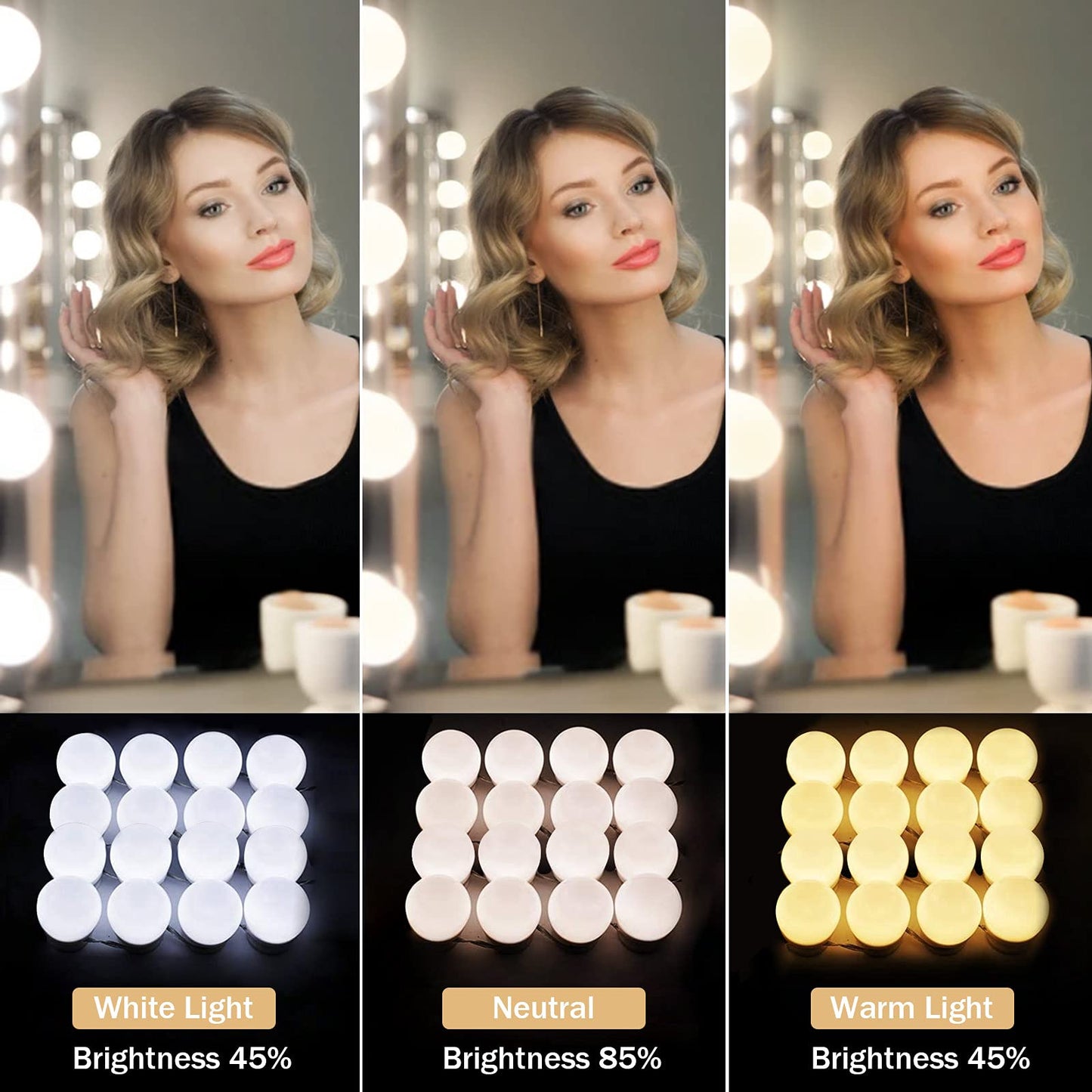 Lrlite Vanity Lights for Mirror, 16 LED Bulbs Hollywood Makeup Lights, 3 Color Modes, Dimmable Brightness, Plug in, Stick up, for Dressing Table