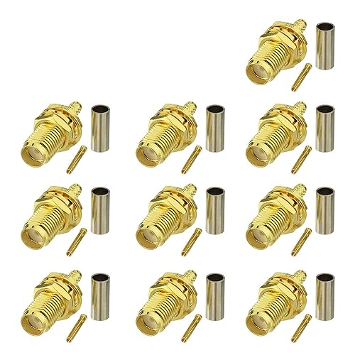 Eightwood 10pcs SMA Female Bulkhead Crimp Connector Gold-Plated for RG316 RG174 Cable