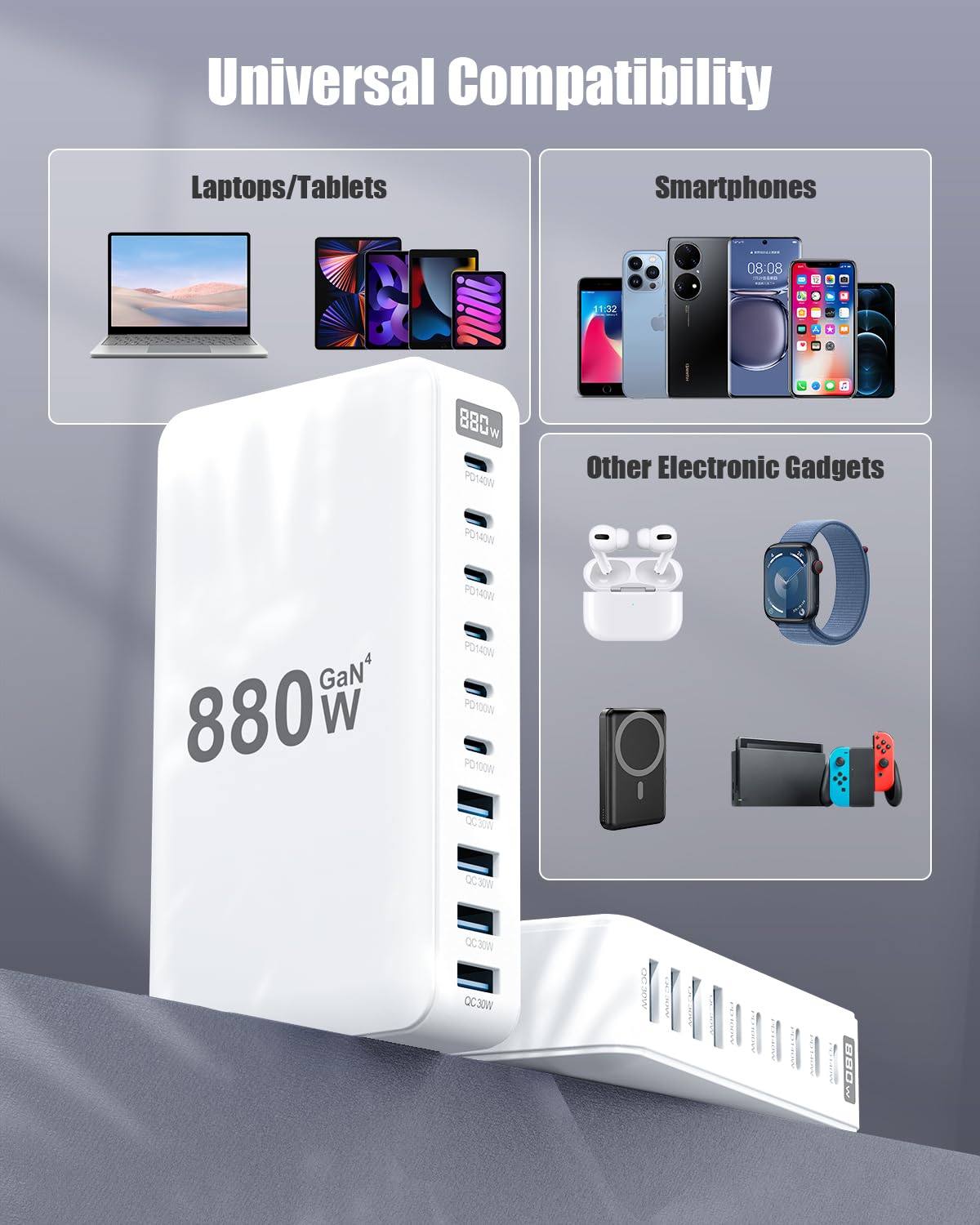 880W USB C Charger Block,10-Port USB C Charging Station GaN IV Travel Essentials Multiple Port Charging Station,140W Laptop Fast Charger Adapter