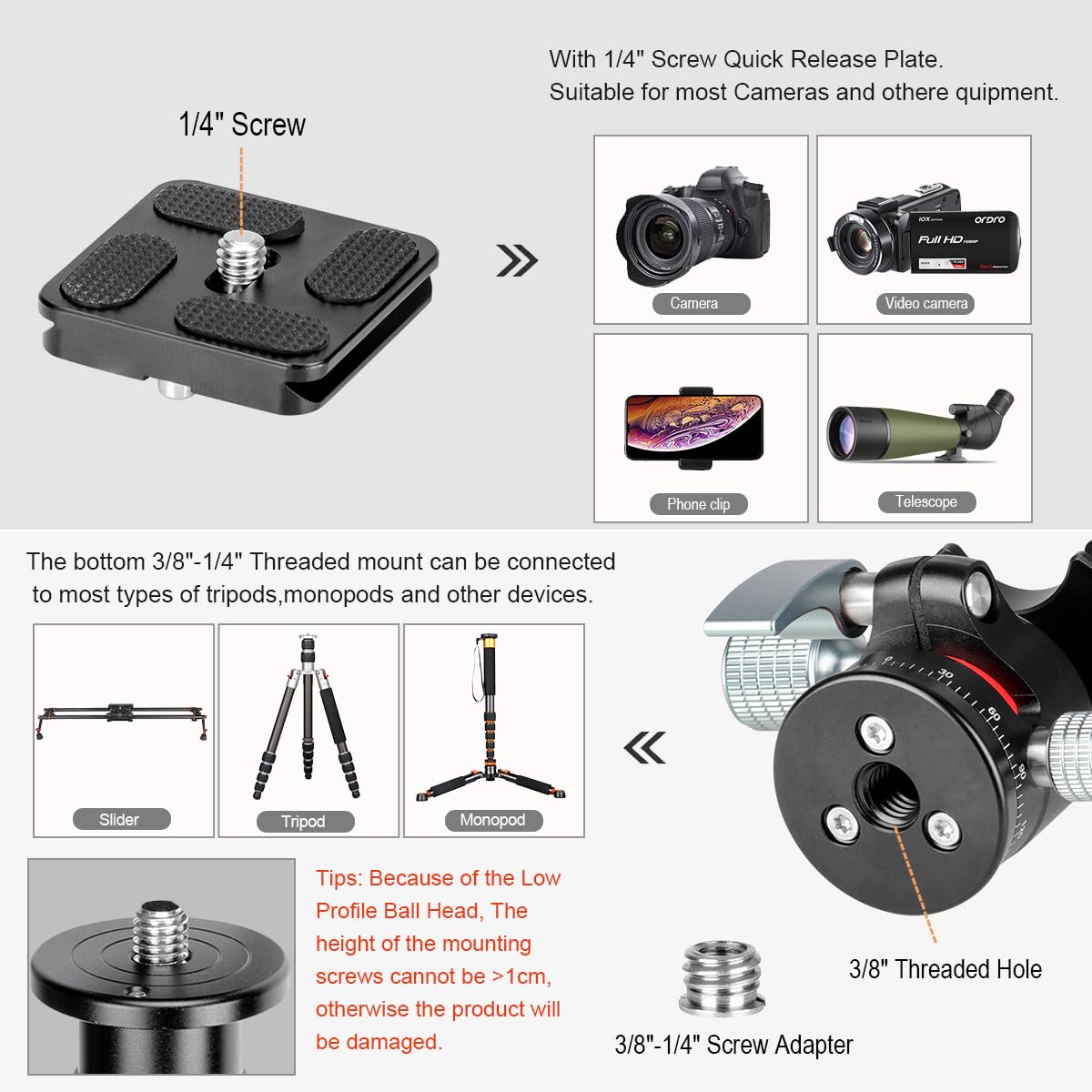 Koolehaoda Tripod Head Mini Ball Head Camera 360° Panoramic Head with 1/4" Screw Arca Type Quick Release Plate ?28mm Metal Ball Joint for DSLR Camera