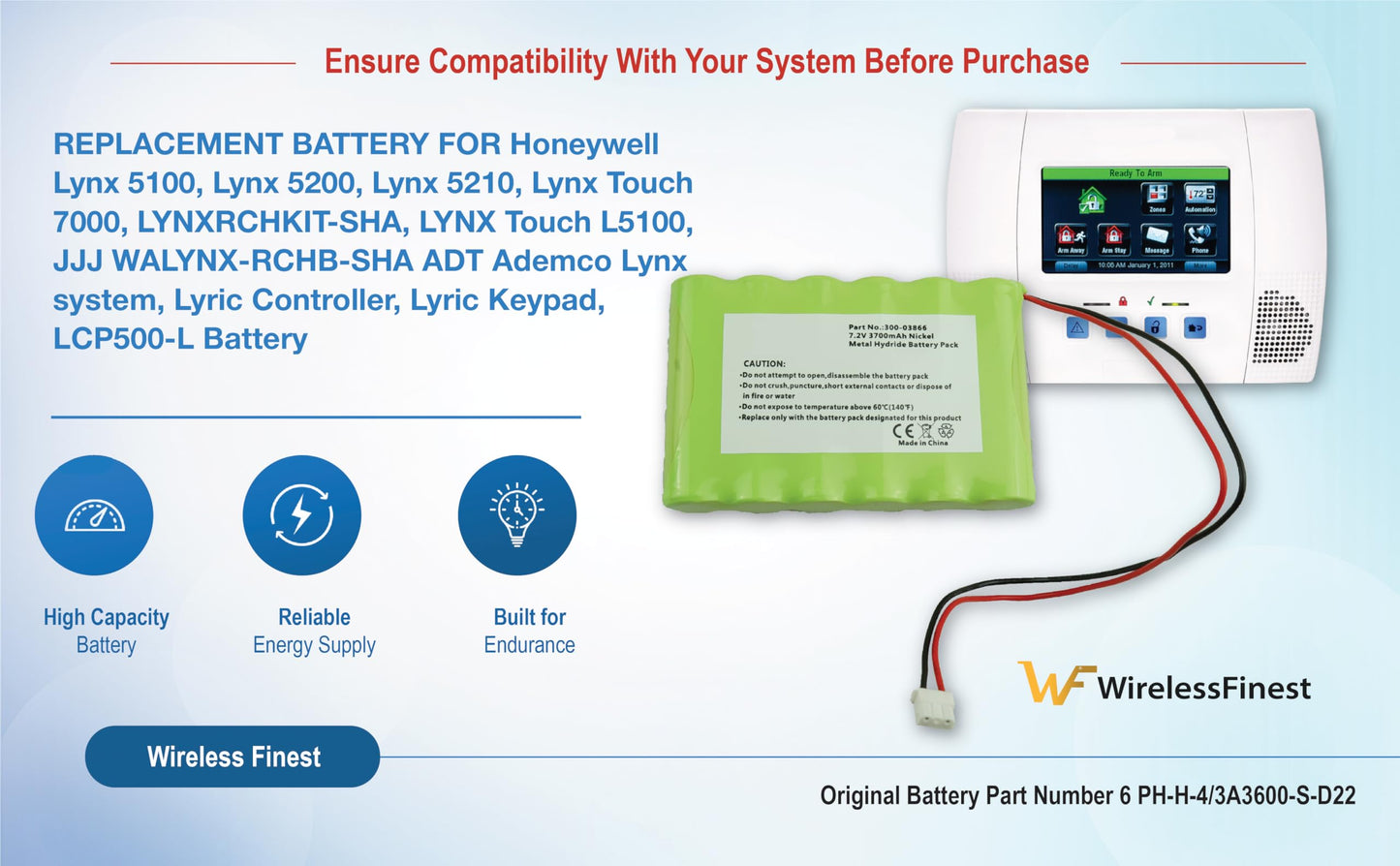 Replacement Battery 3700mAh 300-03866 LCP500-4B for Honeywell Lynx 5100 5200 5210 5300 Plus Lynx Touch 7000 Security Alarm System Lyric Keypad