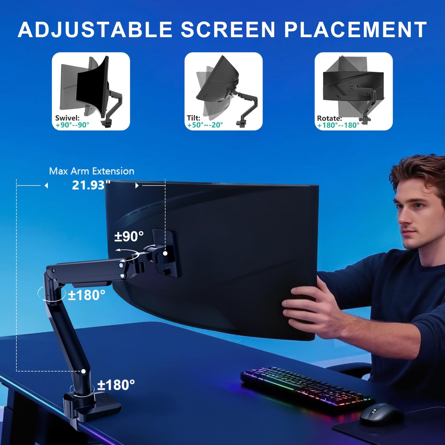 WALI Single Monitor Desk Mount, Heavy Duty Monitor Arm for Ultrawide Screen up to 49 inch, 44 lbs with USB. Fully Adjustable, Mounting Holes 75