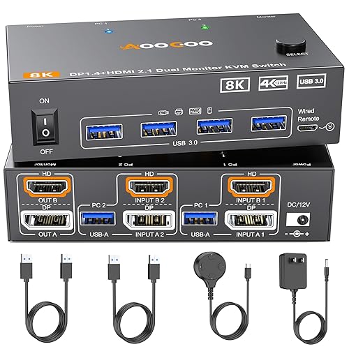 HDMI DP2.1 KVM Switch 2 Monitors 2 Computers, 8K@60Hz/4K@144Hz KVM Switch for 2 PC Sharing 2 Monitors, Keyboard, Mouse, with 2 USB3.0 Cables, Wired