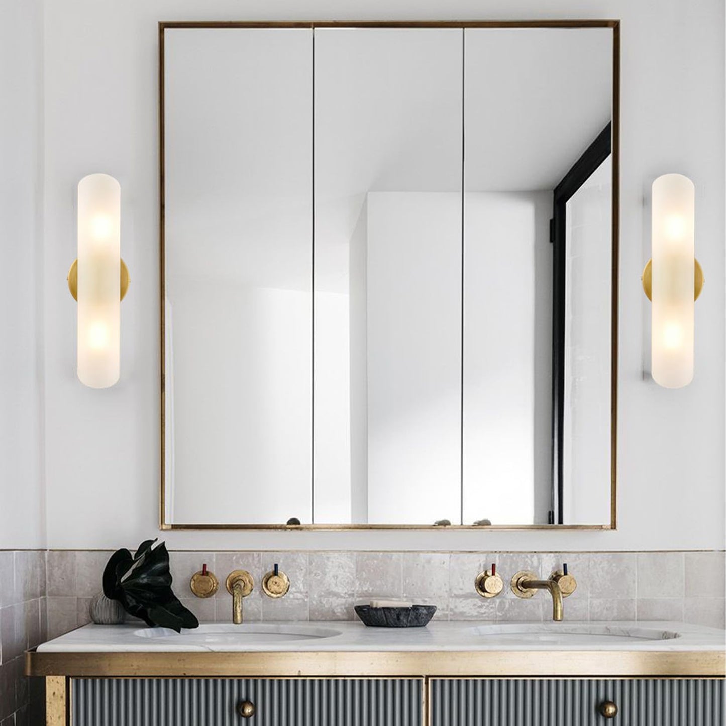 DAYCENT Modern Brass Wall Sconces Set of Two Frosted Glass Wall Light Fixture 2-Light Cylinder Bathroom Vanity Lights Gold Glass Sconces Wall Lighting