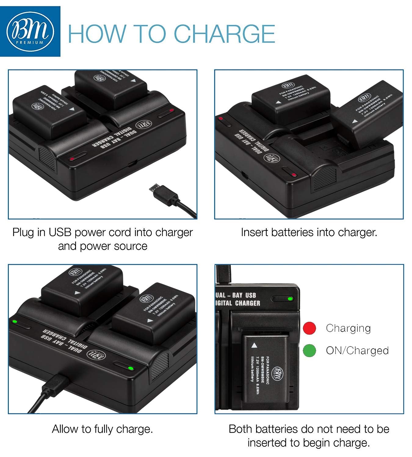 BM Premium 2 Pack of DMW-BMB9 Batteries and Dual Bay Battery Charger for Panasonic Lumix DC-FZ80, DC-FZ80D, DMC-FZ40K, DMC-FZ45K, DMC-FZ47K