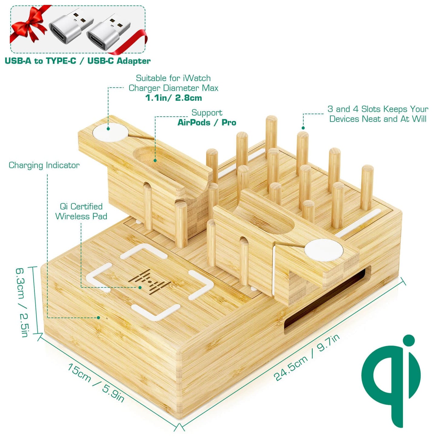Darfoo Bamboo Phone Charging Station for Multiple Devices - Qi Certified Fast Wireless Charger & 7 USB Ports for All Phones, Tablets, Smart Watches