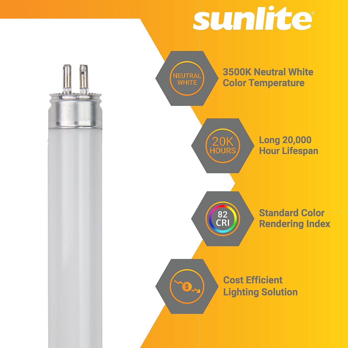 Sunlite 30320 F21T5/835 3 Foot T5 Linear Fluorescent Lamp, 21 Watts, 1900 Lumens, 3500K Neutral White, Miniature G5 Bi-Pin Base, ROHS Compliant, High