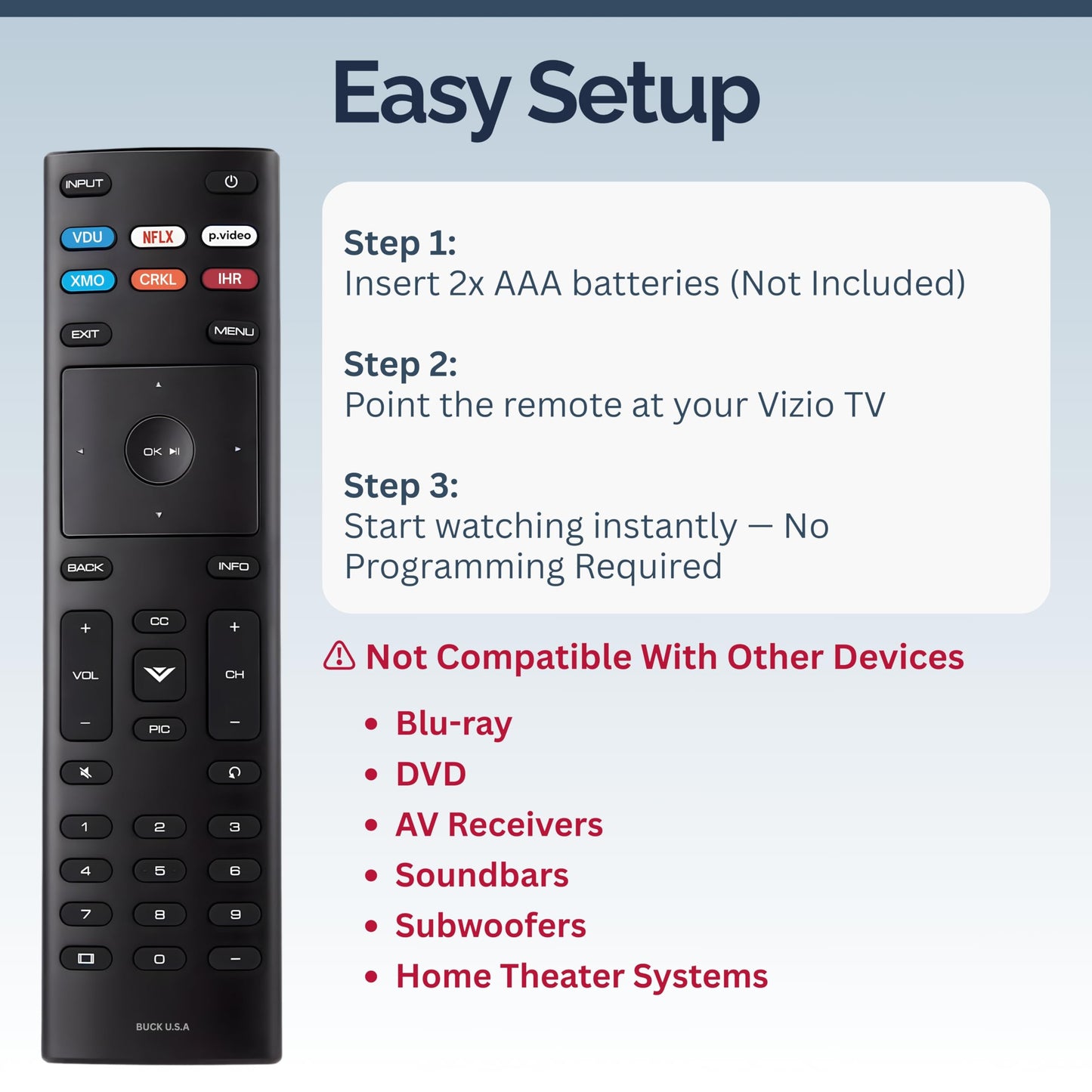 XRT136 Vizio Smart TV Remote Replacement - Easy Setup, Infrared, Shortcut Keys, Universal Remote for SmartCast TVs - Vizio Remote Control Replacement