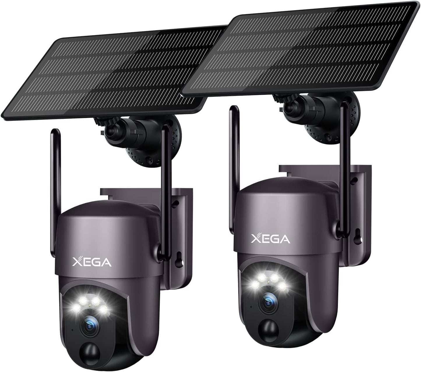 Xega 2 Pack Security Camera Wireless Outdoor 2K 360° PTZ Camera Solar Security Cameras 2.4G WiFi Video Surveillance w/Spotlight & Siren, Color Night